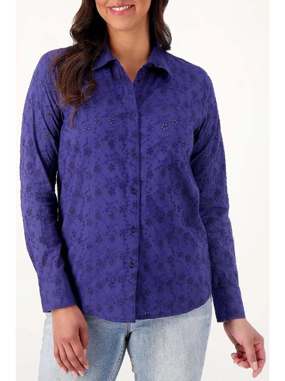 Candace Cameron Bure Shirt XS Regular Button Front Eyelet Velvet Blue Bohemian